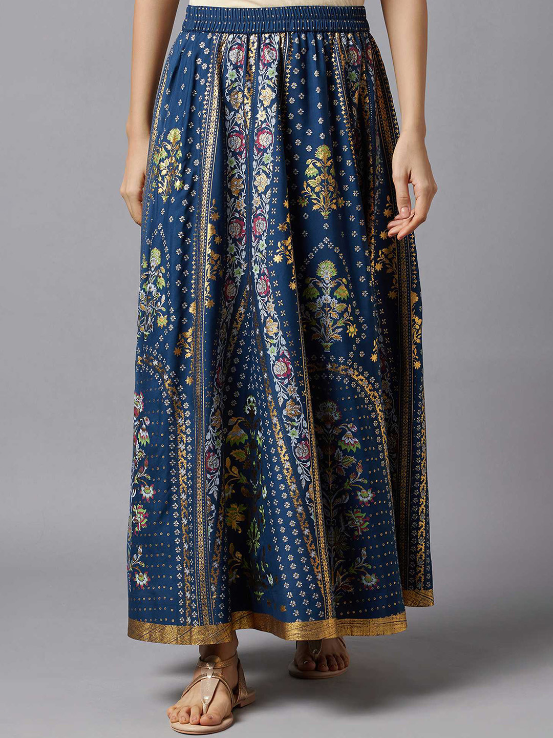 AURELIA Women Blue Floral Printed Flared Maxi Skirts