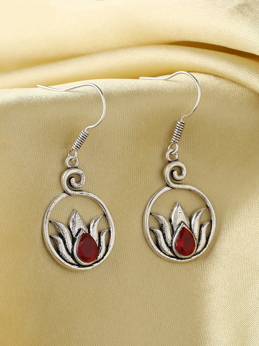 kashwini Silver-Plated Red Stone Studded Contemporary Drop Earrings