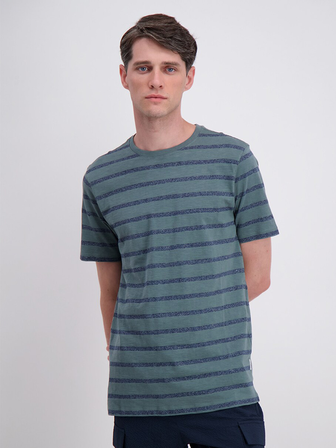 LINDBERGH Men Teal Green & Blue Striped Relaxed Fit Pure Organic Cotton T-shirt