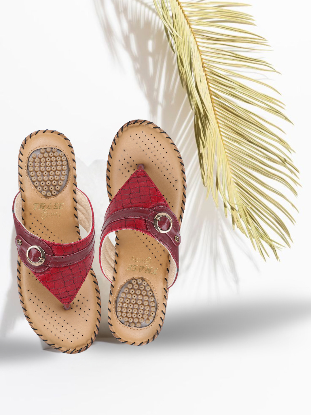 TRASE Women Red Textured Open Toe Flats