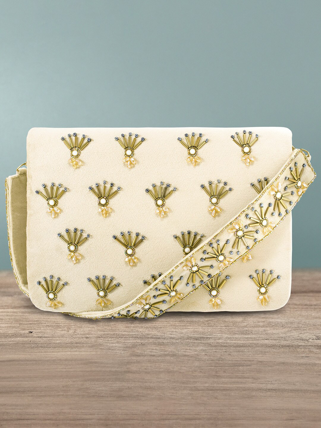 Peora Cream-Coloured Embellished Purse Clutch