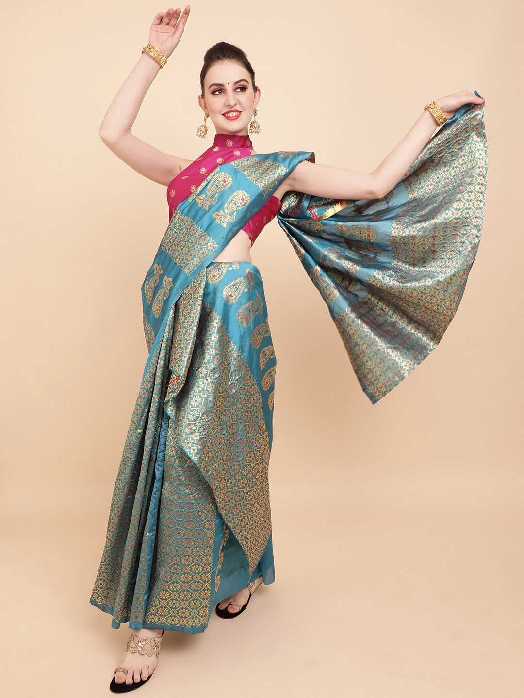 Sangria Teal Blue & Gold-Toned Ethnic Motifs Zari Silk Blend Assamese Mekhela Chador