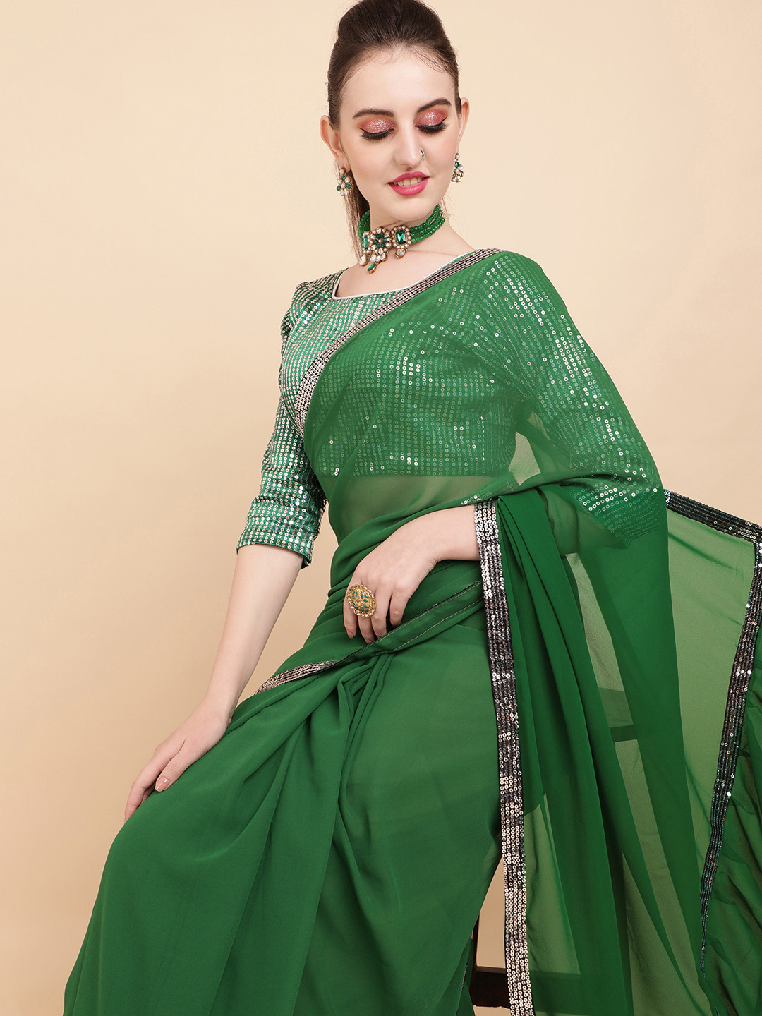Sangria Olive Green & Silver-Toned Sequinned Ruffled Saree