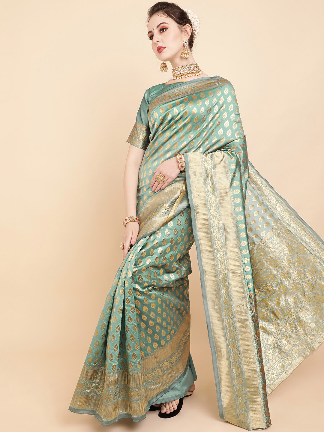 Sangria Sea Green & Golden Ethnic Motifs Zari Silk Blend Banarasi Saree