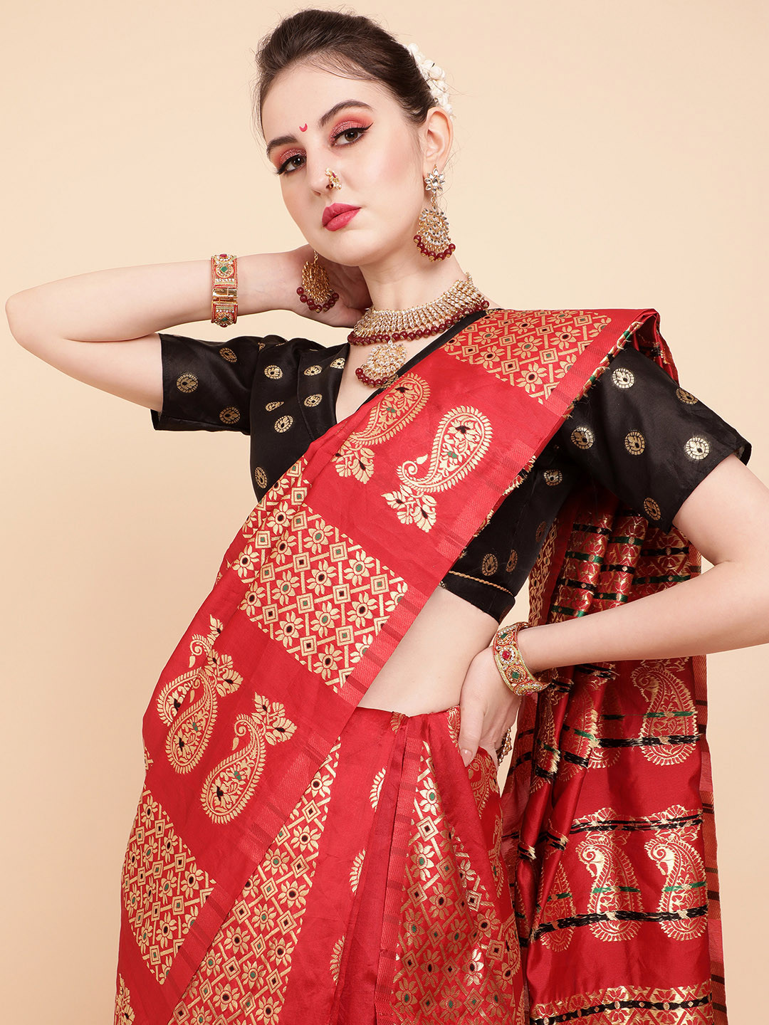 Sangria Maroon & Gold-Toned Ethnic Motifs Silk Blend Assamese Mekhela Chador