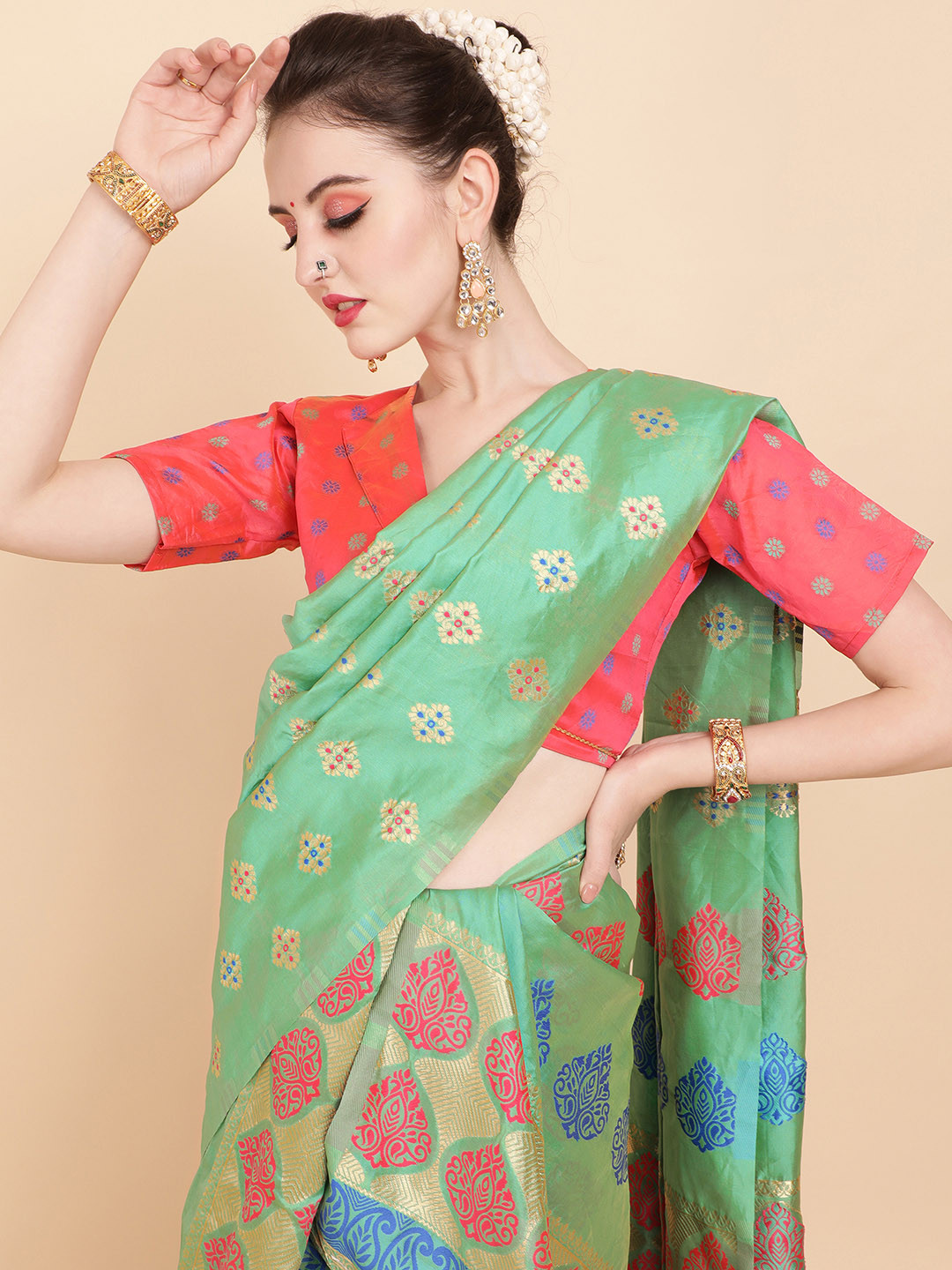 Sangria Sea Green & Gold-Toned Silk Blend Assamese Mekhela Chador