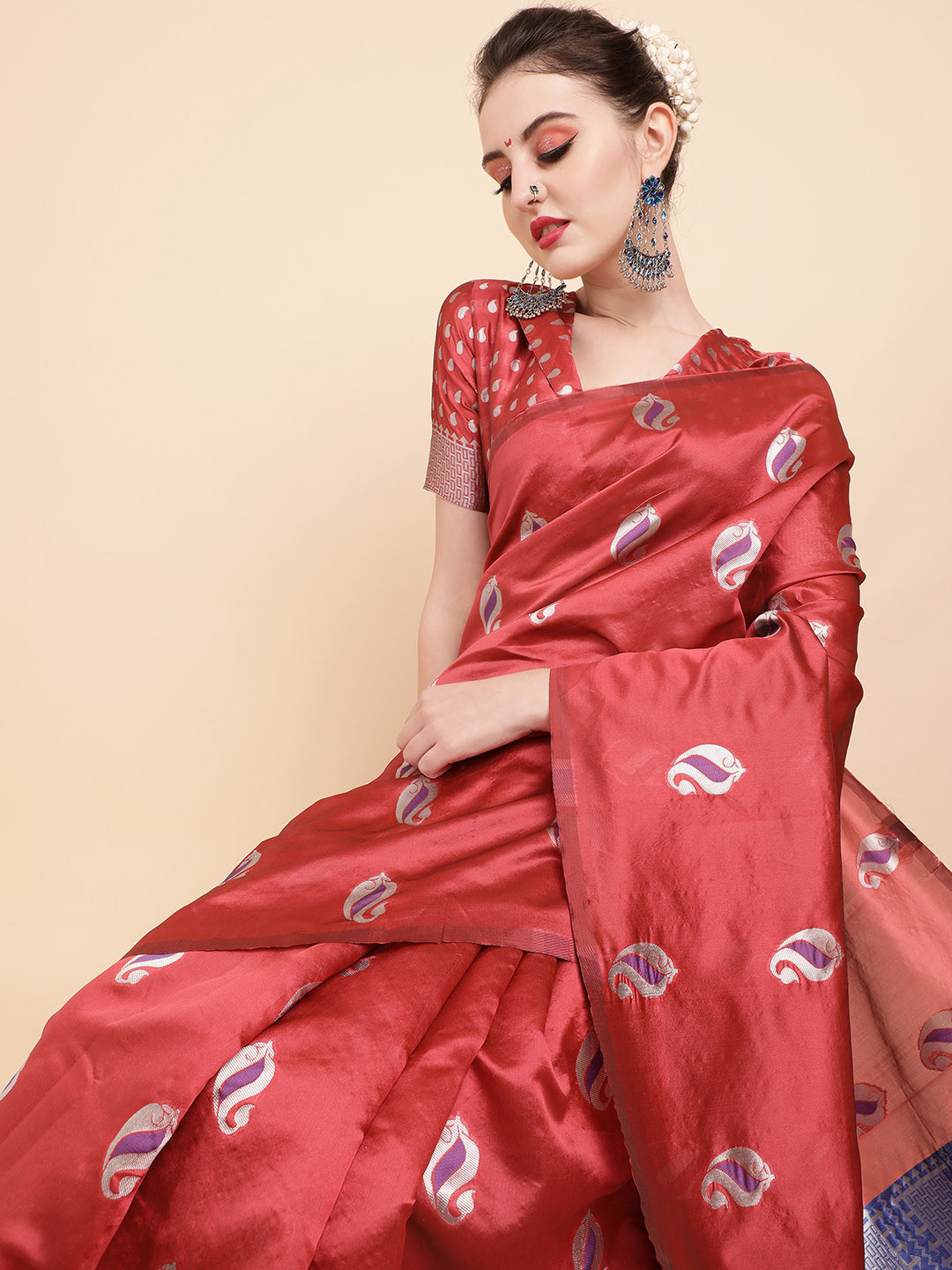 Sangria Rust-Brown & Blue Paisley Zari Silk Blend Banarasi Saree