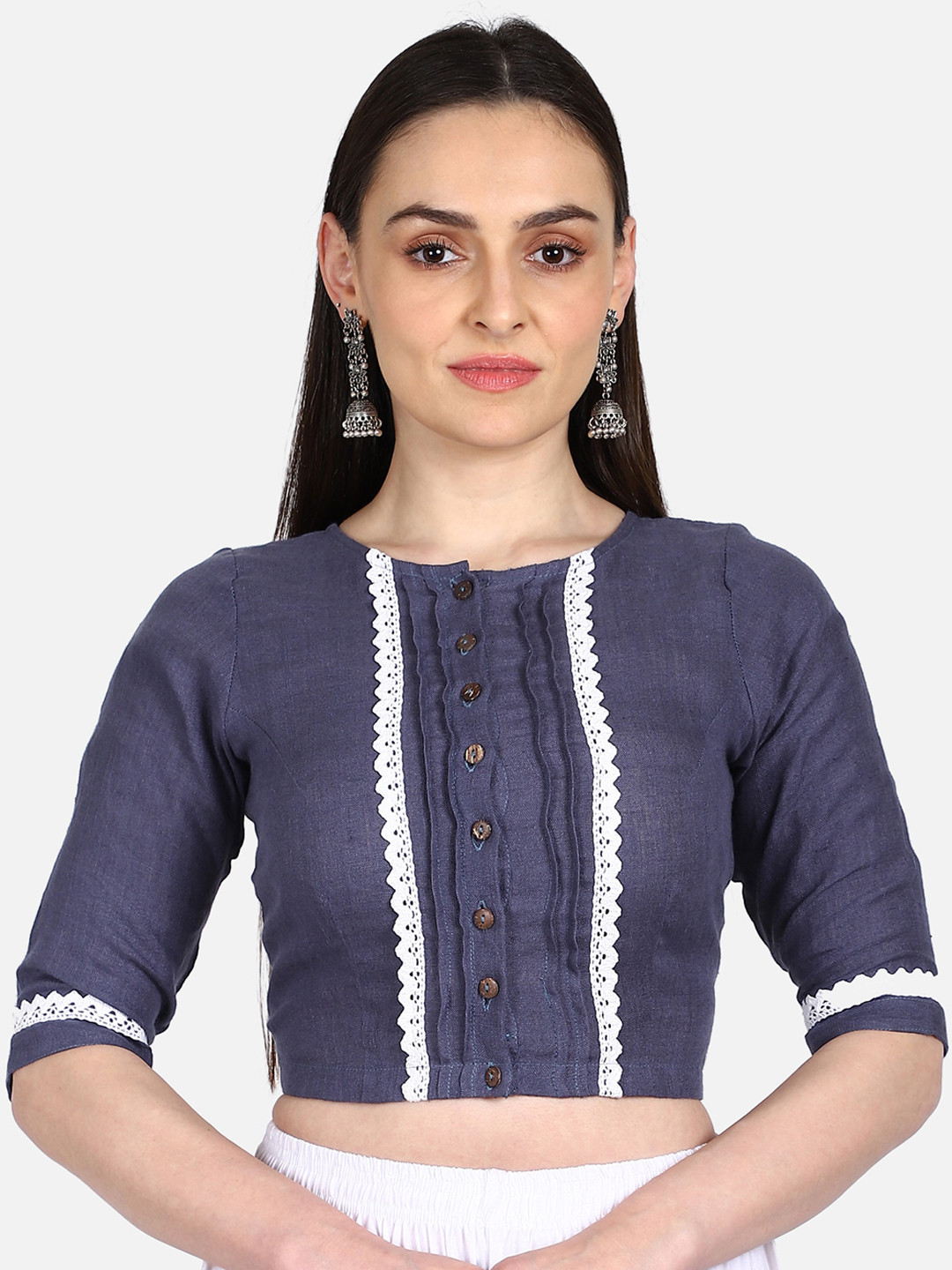 THE WEAVE TRAVELLER Women Purple Printed Readymade Cotton Saree Blouse