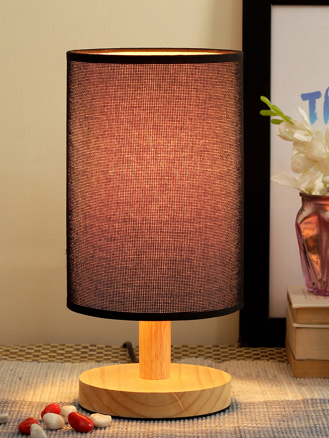 TIED RIBBONS Black & Beige Solid Bedside Wooden Table Lamp