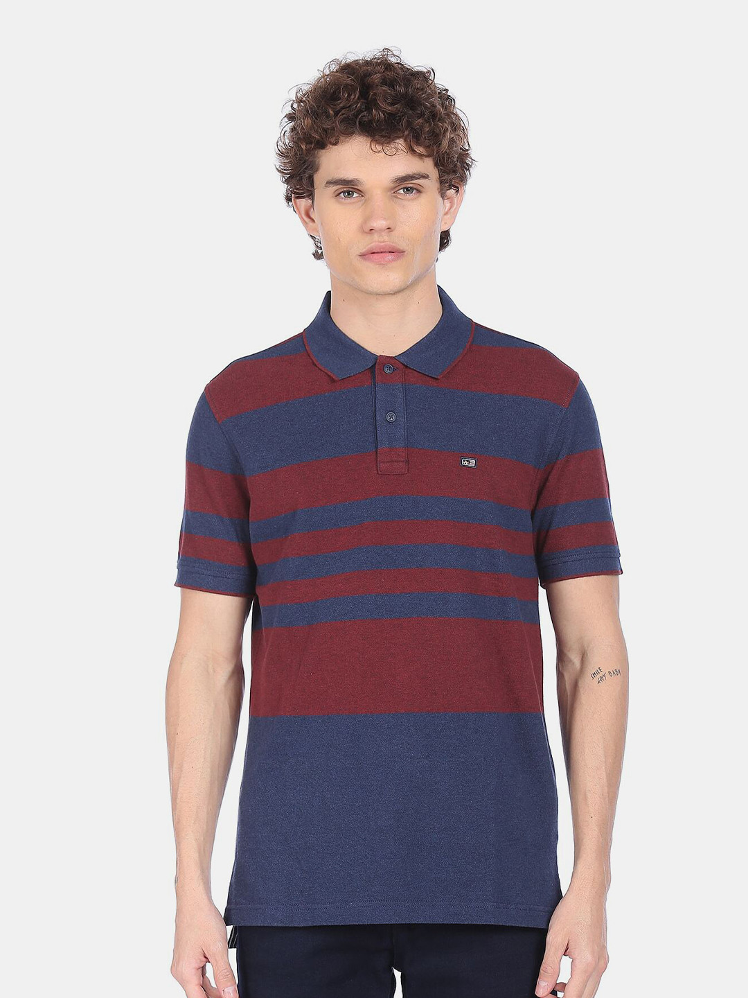 Arrow Sport Men Navy Blue & Maroon Striped Polo Collar T-shirt