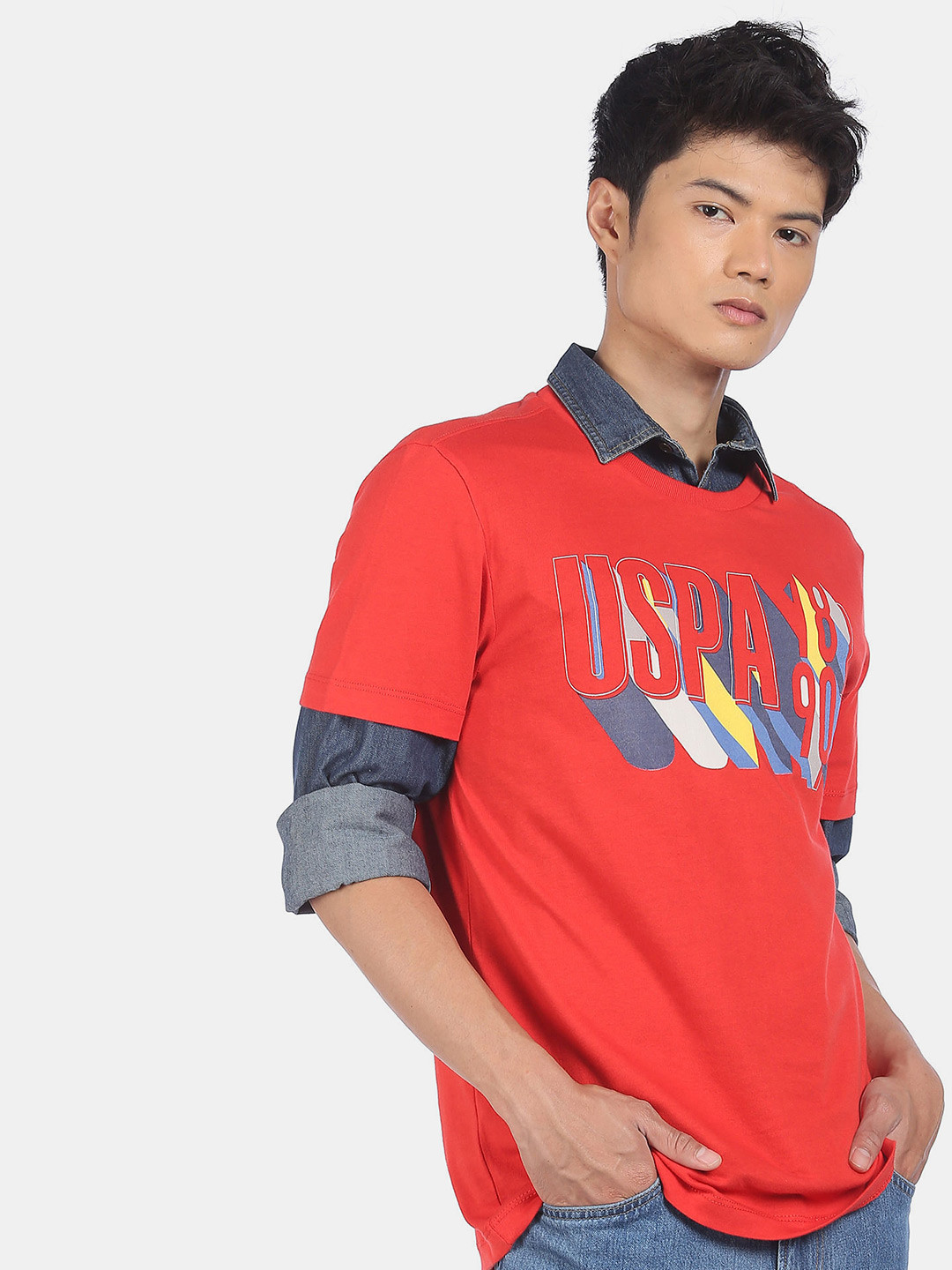 U.S. Polo Assn. Denim Co. Men Red Typography Printed Pure Cotton T-shirt