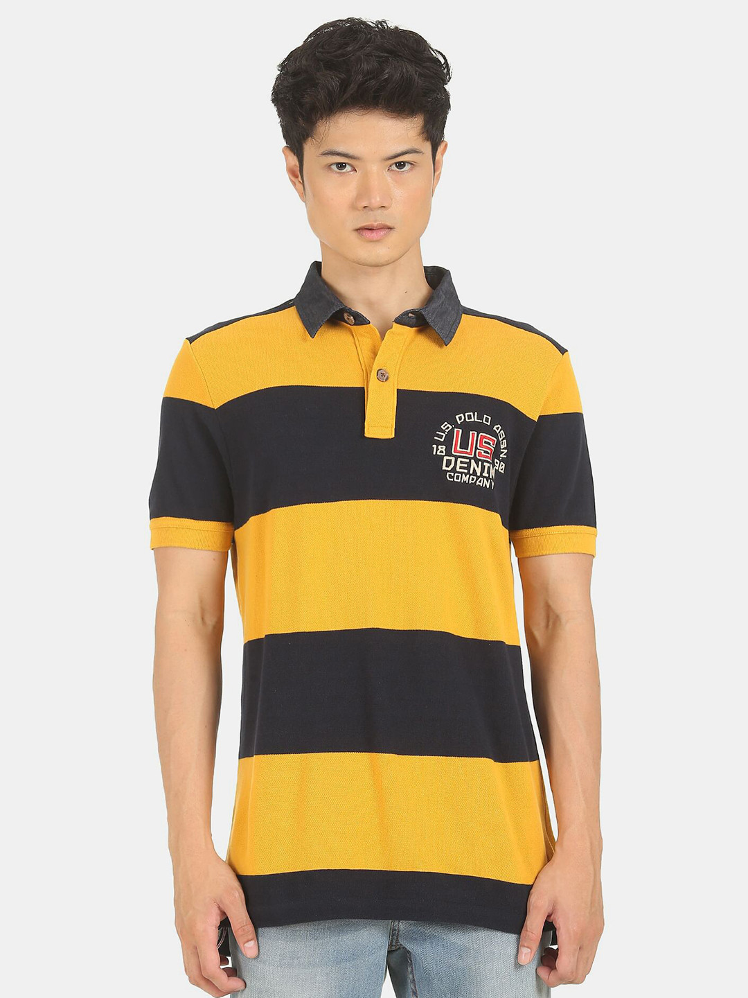 U.S. Polo Assn. Denim Co. Men Yellow & Black Striped Polo Collar Cotton T-shirt