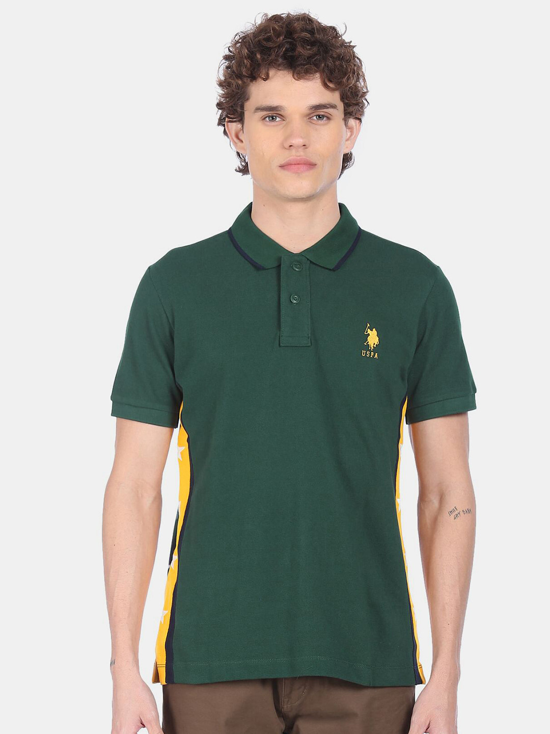 U S Polo Assn Men Dark Green Solid Polo Collar Cotton T-shirt