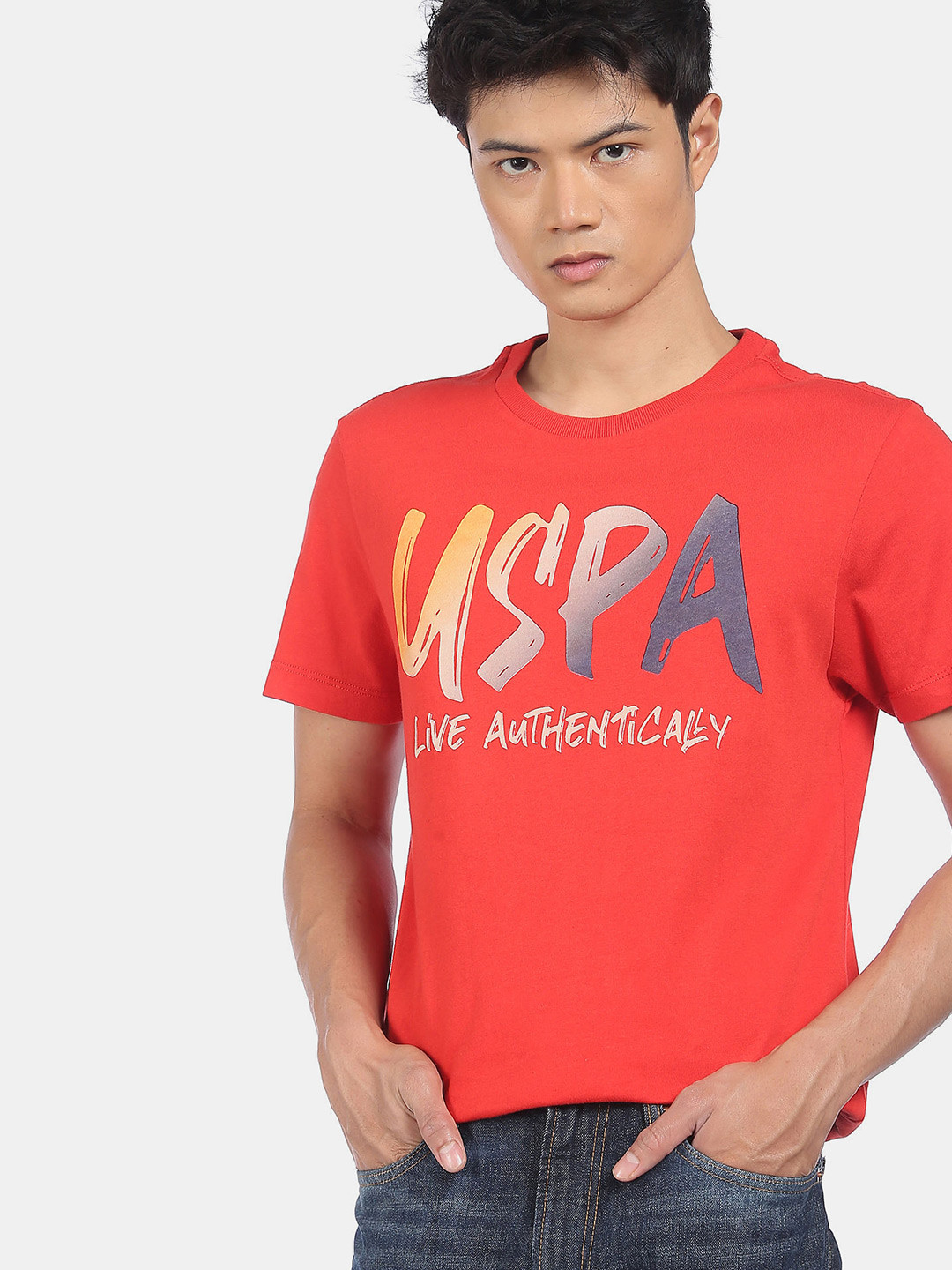U.S. Polo Assn. Denim Co. Men Red Typography Printed Pure Cotton T-shirt