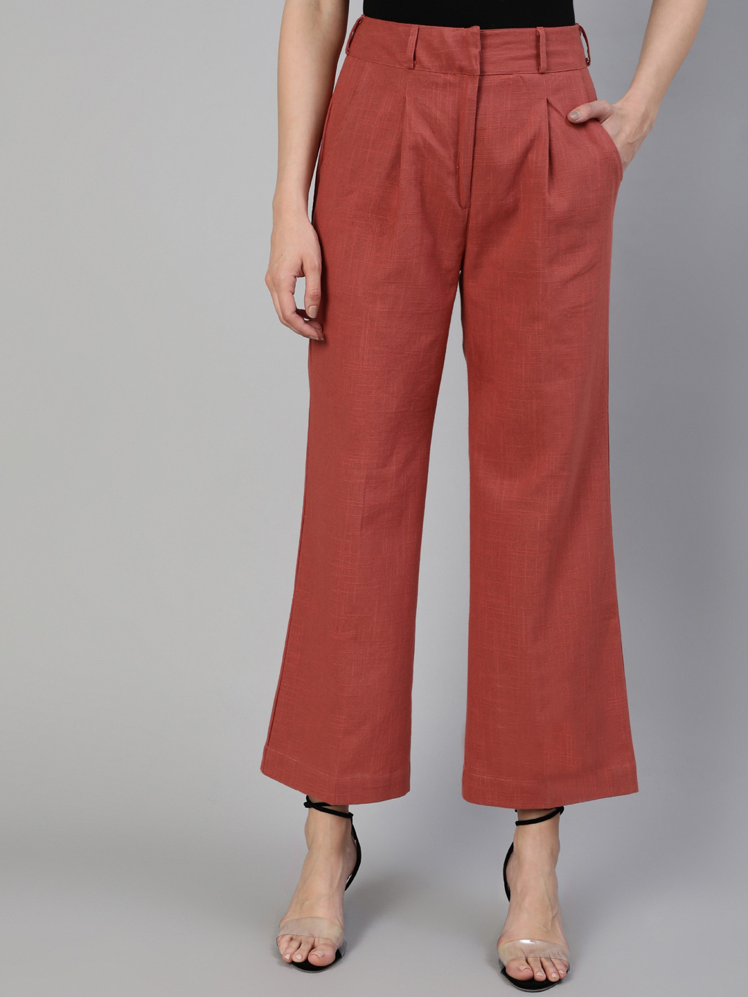 Jaipur Kurti Women Red Flared Solid High-Rise Pleated Cotton Parallel Trousers
