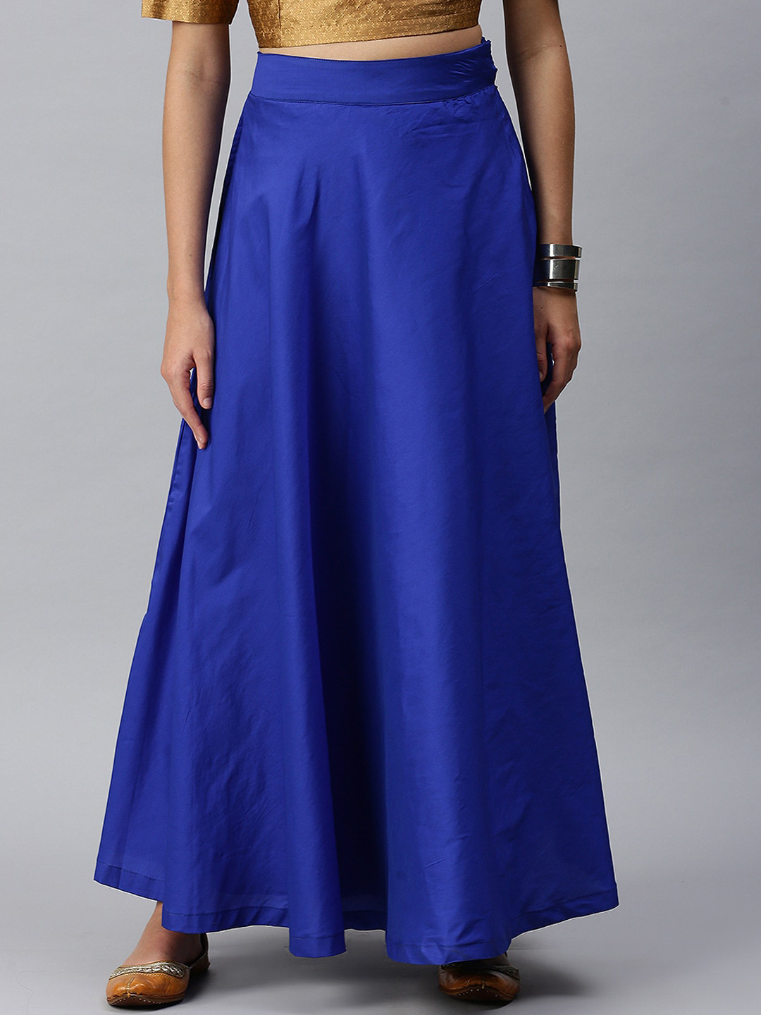 De Moza Women Blue Solid Loose-Fit Flared Maxi Skirt