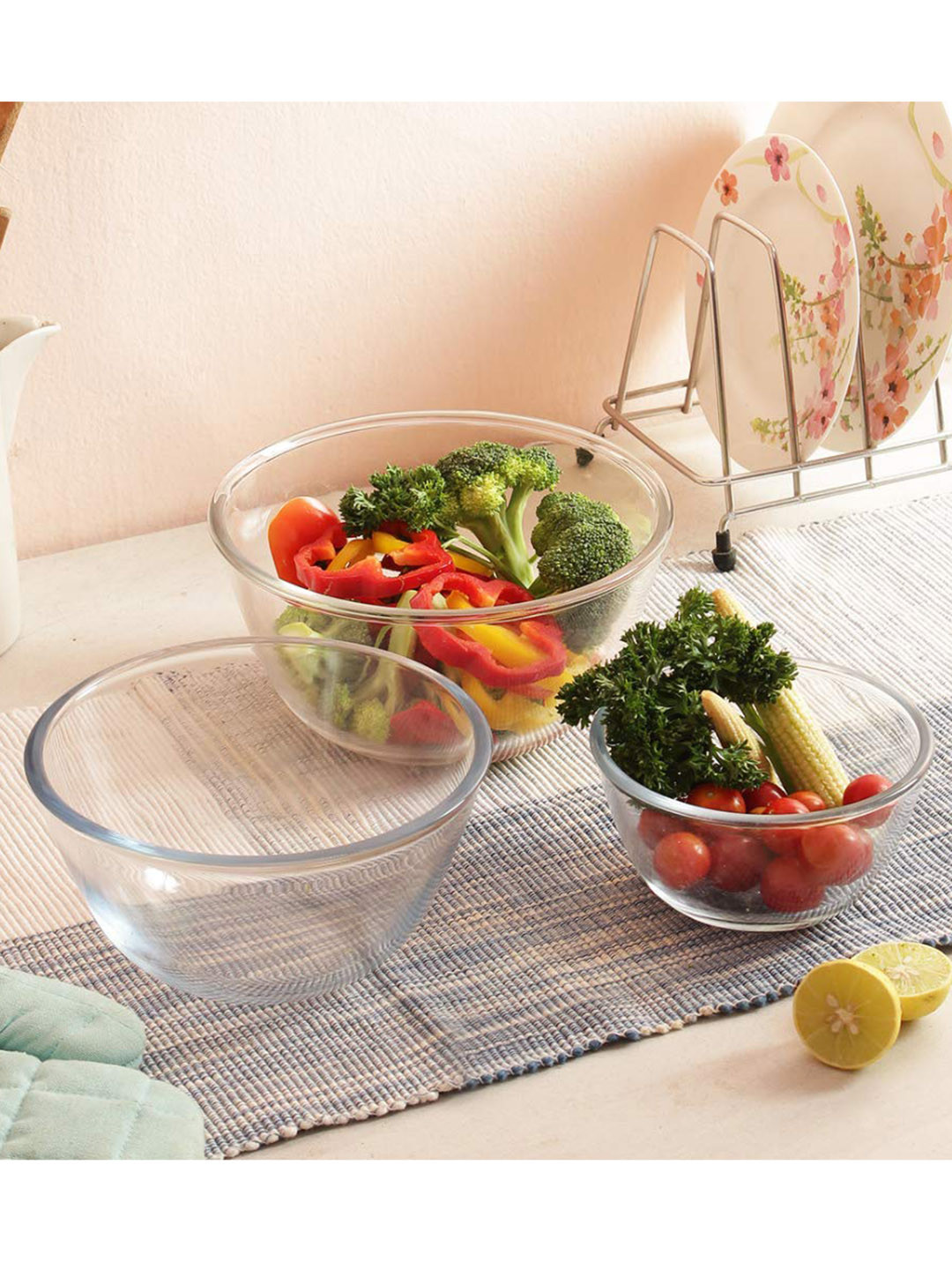 Femora Set of 3 Transparent Borosilicate Glass Microwave Safe All-Purpose Mixing Bowl