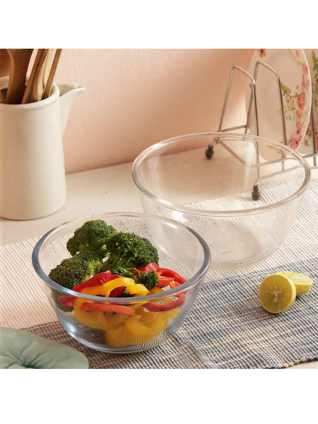 Femora Set of 2 Transparent Glass Microwave Safe All-Purpose Mixing Bowls 5.25L