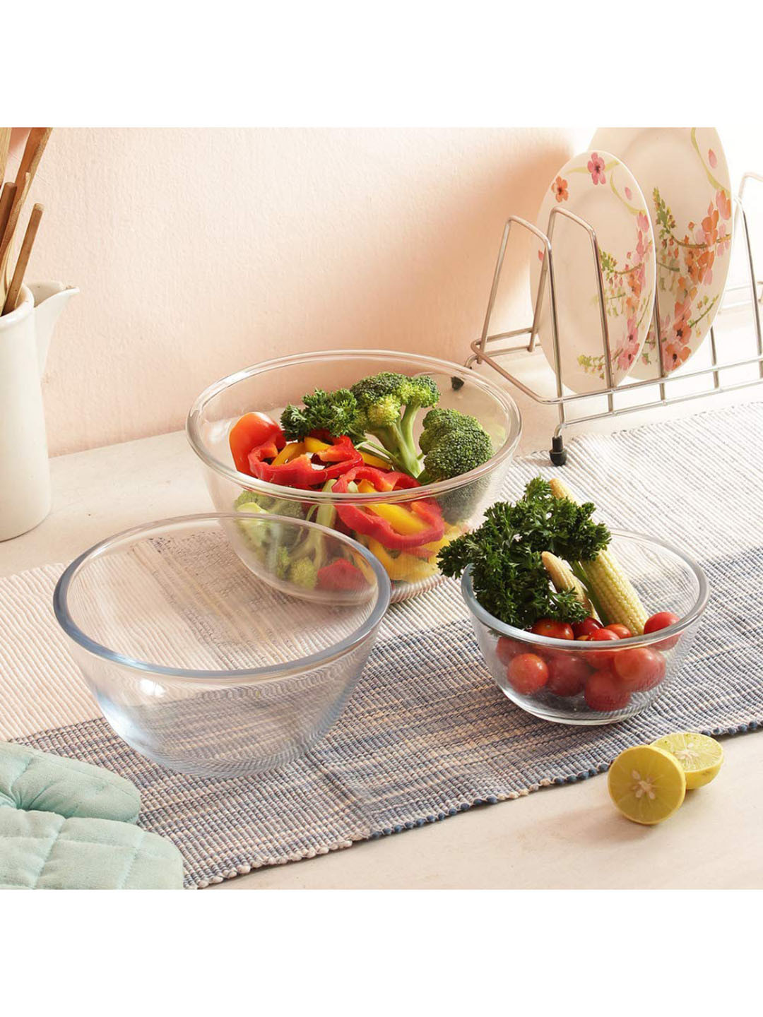 Femora Transparent Set of 3 Borosilicate Glass Microwave Safe All-Purpose Mixing Bowls