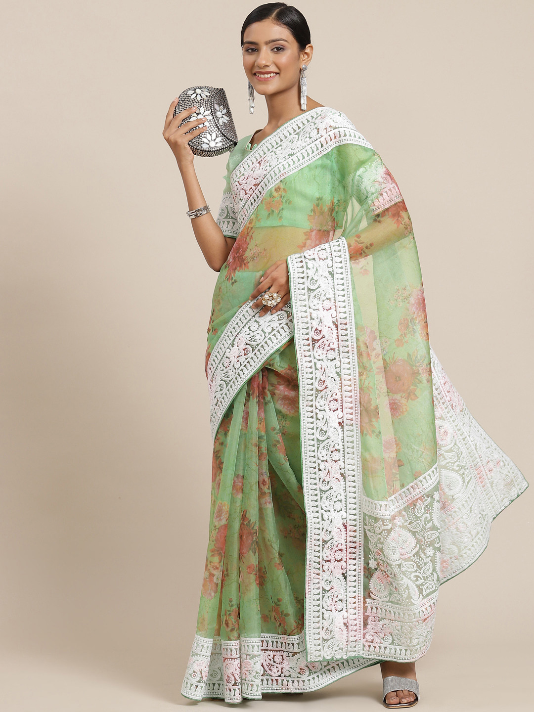 SERONA FABRICS Green Floral Embroidered Organza Saree
