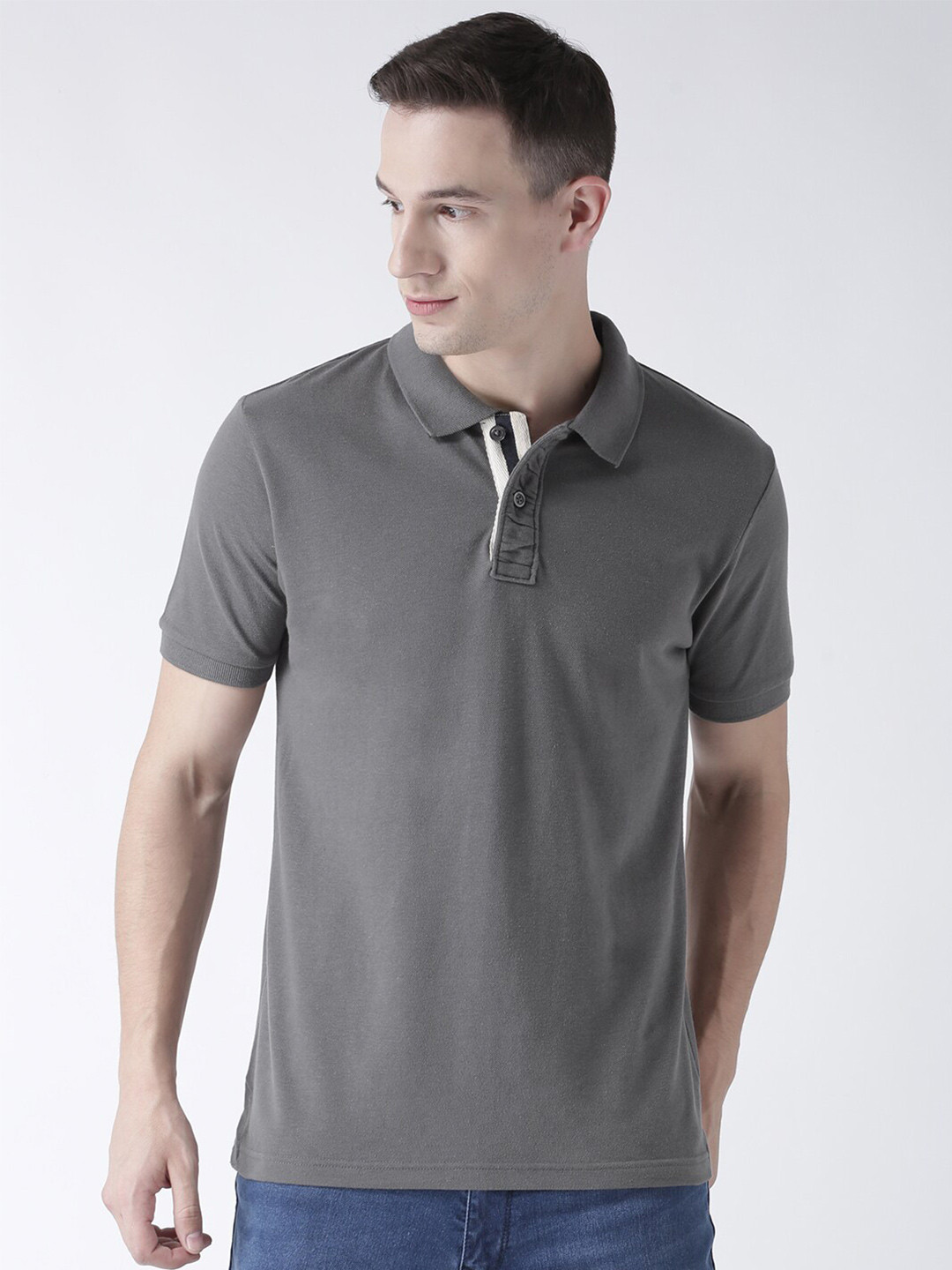 Club York Men Grey Polo Collar Cotton T-shirt