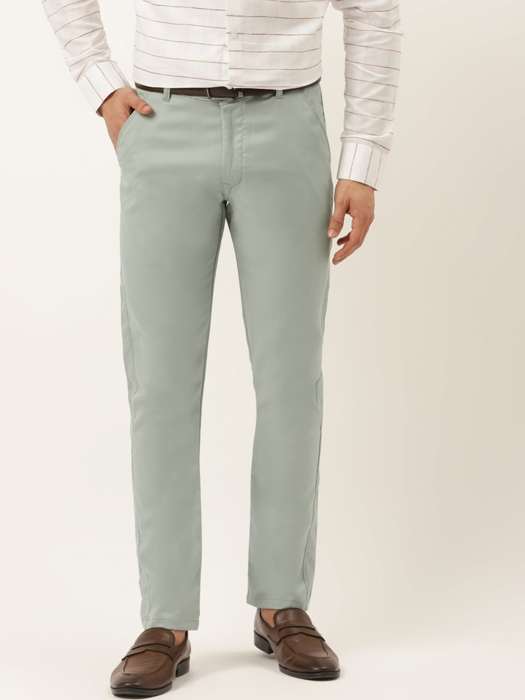 JAINISH Men Sage Green Smart Slim Fit Easy Wash Regular Trousers