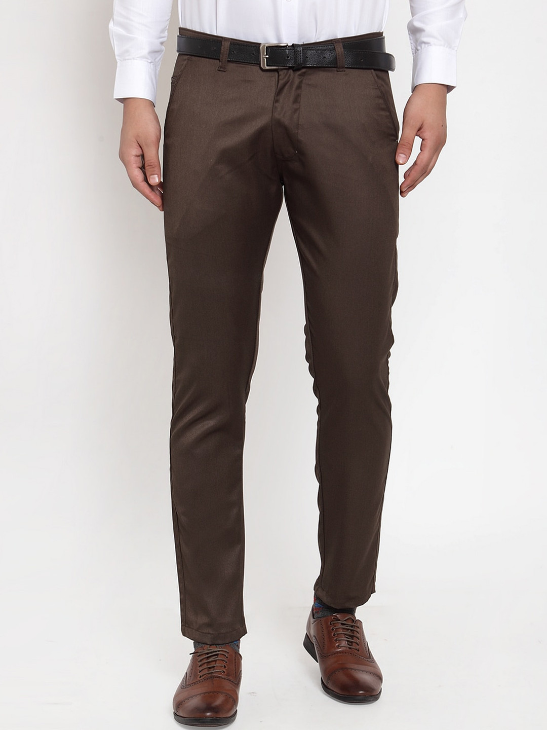JAINISH Men Coffee Brown Smart Slim Fit Easy Wash Pure Cotton Formal Trousers