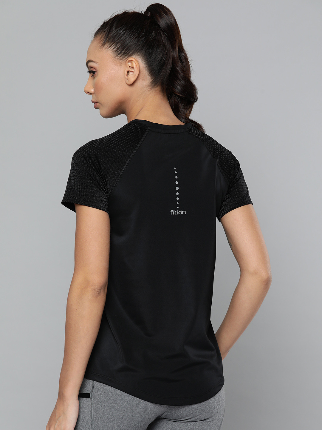Fitkin Women Black Training or Gym Solid T-shirt