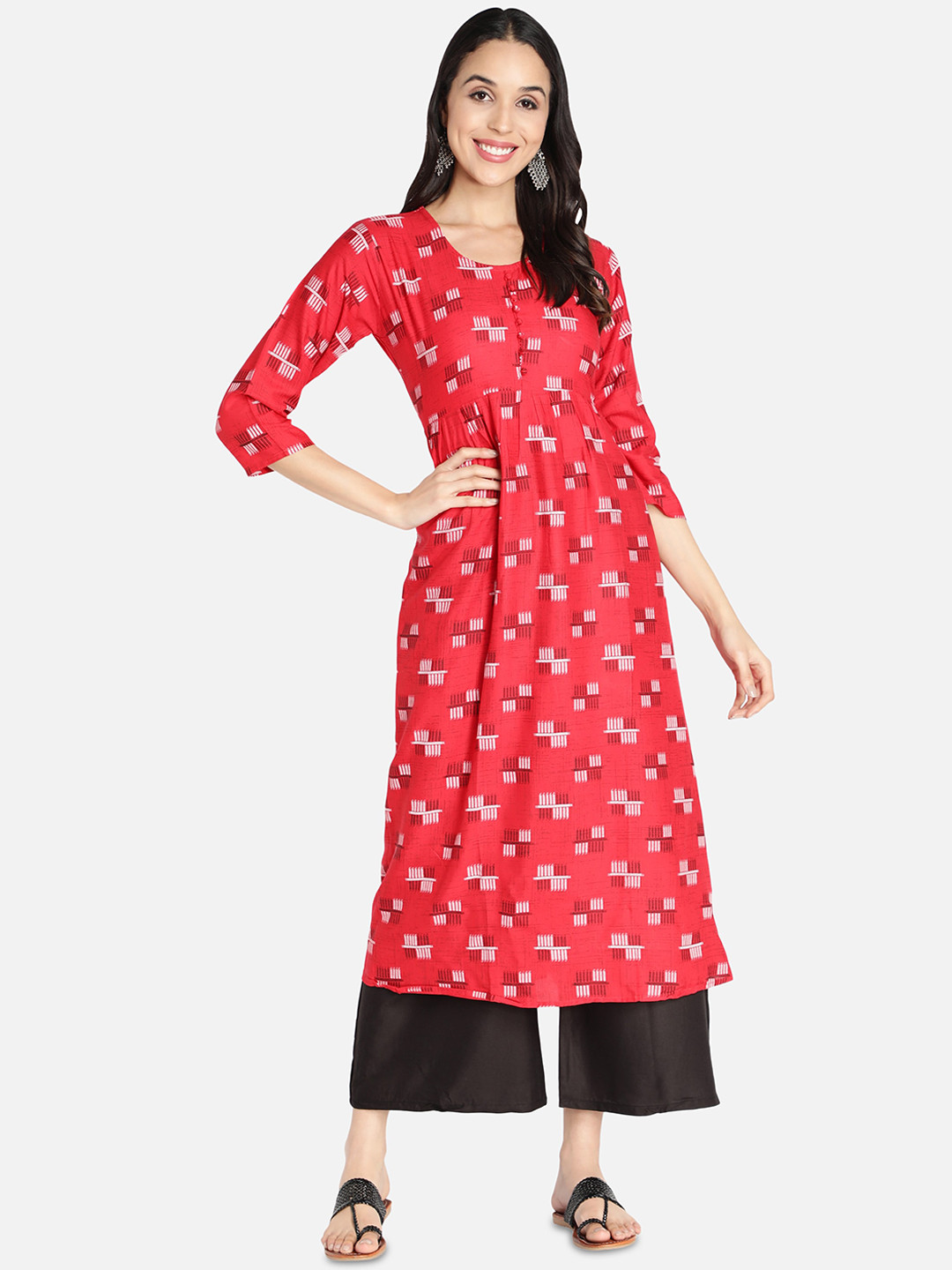 Fabclub Women Red Geometric Printed Anarkali Kurta