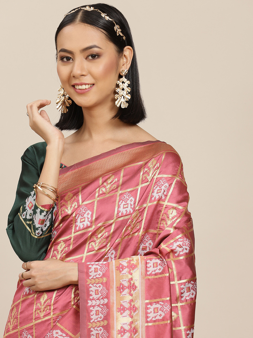 SERONA FABRICS Pink & Green Ethnic Motifs Embroidered Silk Cotton Patola Saree