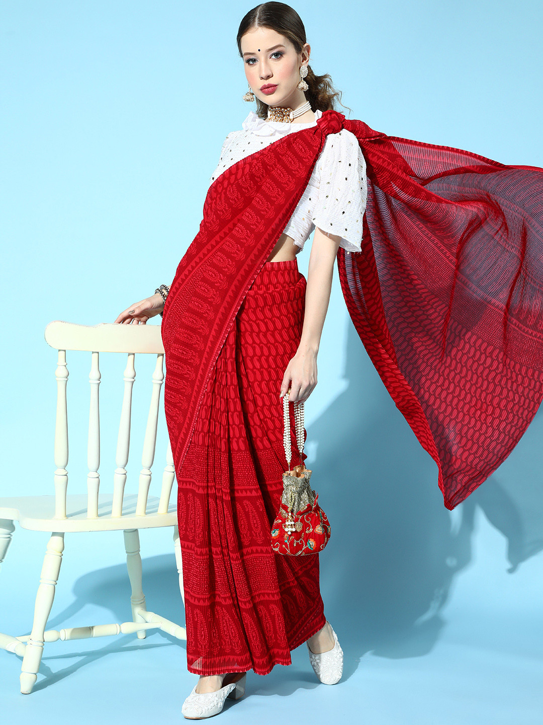 Mitera Red Ethnic Motifs Designer Rangoli Silk Embellished Pleated Saree