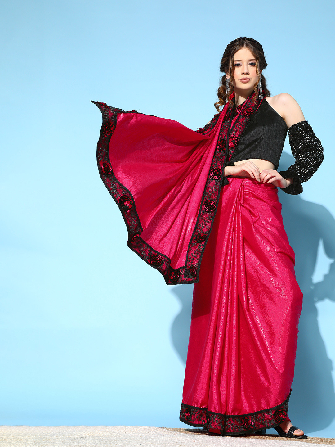 Mitera Rangoli Silk Floral Print Saree With Readymade Detachable Sleeve