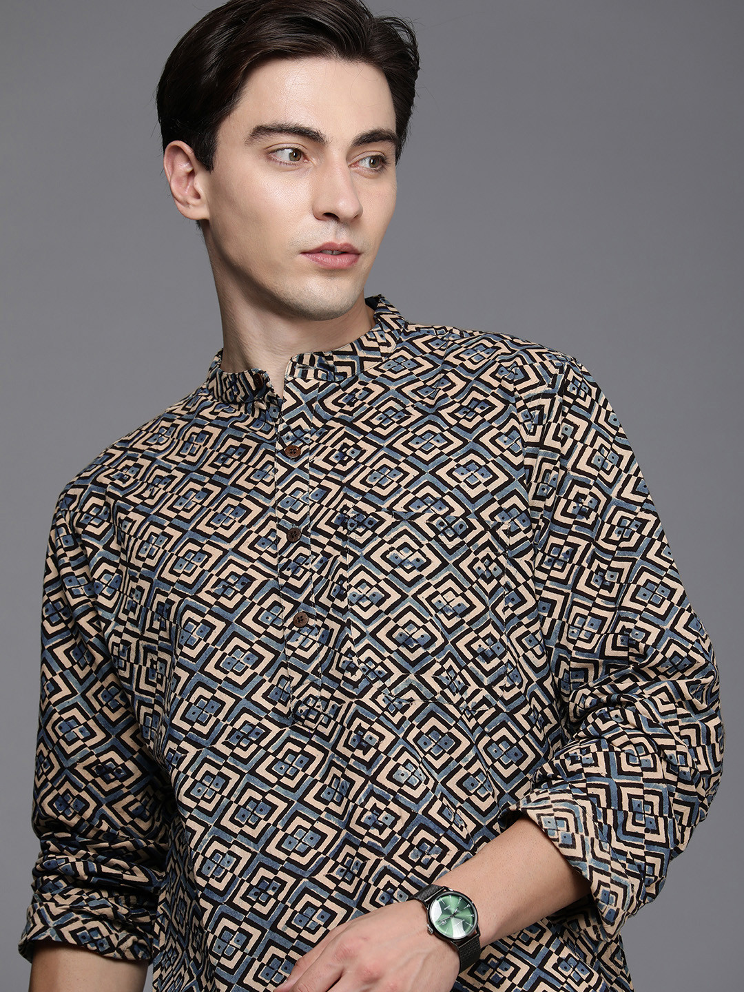 Fabindia Men Off White & Black Printed Slim Fit Mandarian Collar Pure Cotton Kurta