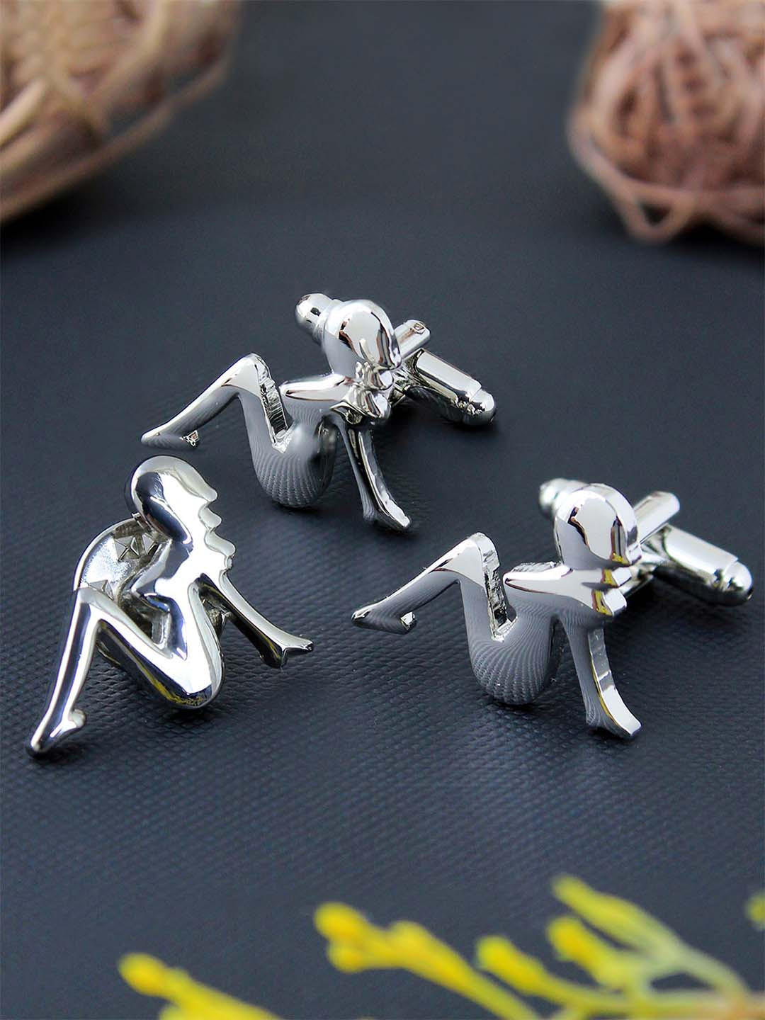 PELUCHE Unisex Silver Toned  Rhodium Plated Sexy Diva Cufflink & Lapel Pin Gift Set