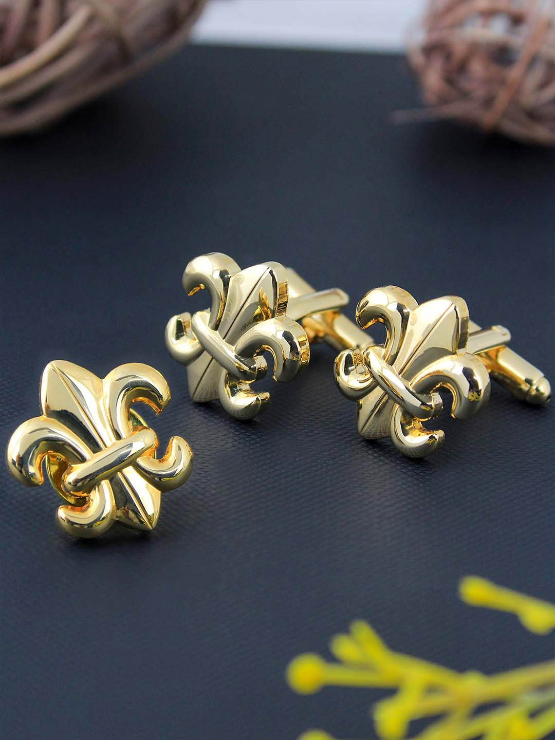 PELUCHE Golden Rhodium-Plated Orchid Cufflink & Lapel Pin Gift Set