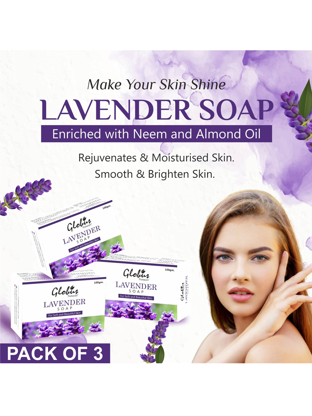 Globus naturals Set of 3 Lightening & Brightening Lavender Soap with Almond Oil 100 g each