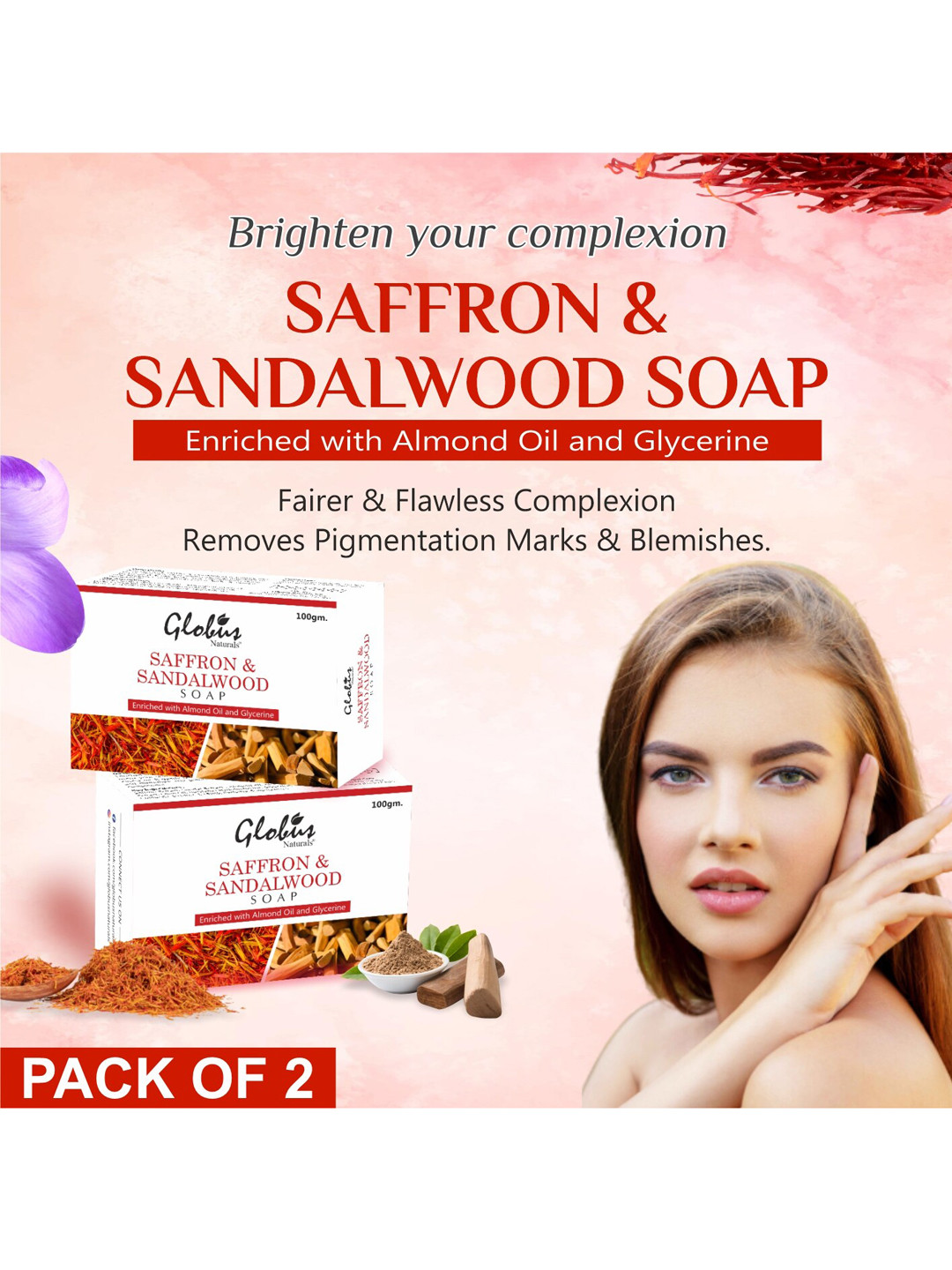 Globus naturals Set of 2 Saffron & Sandalwood Soaps for Glowing Skin - 100g each