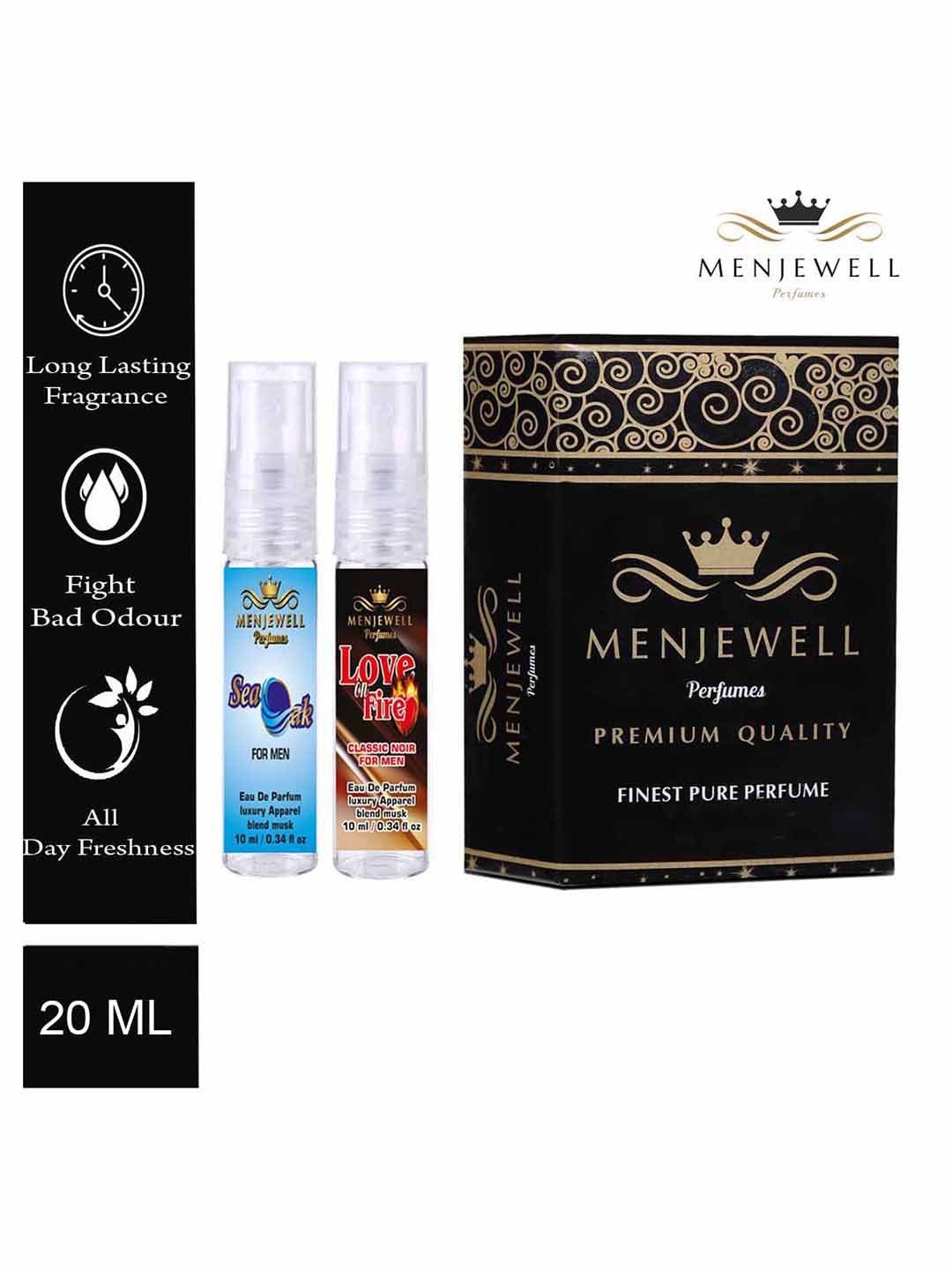 Menjewell Men Set of 2 Eau de Parfums - Sea Oak Aqua Fresh & Love On Fire Noir - 10ml Each
