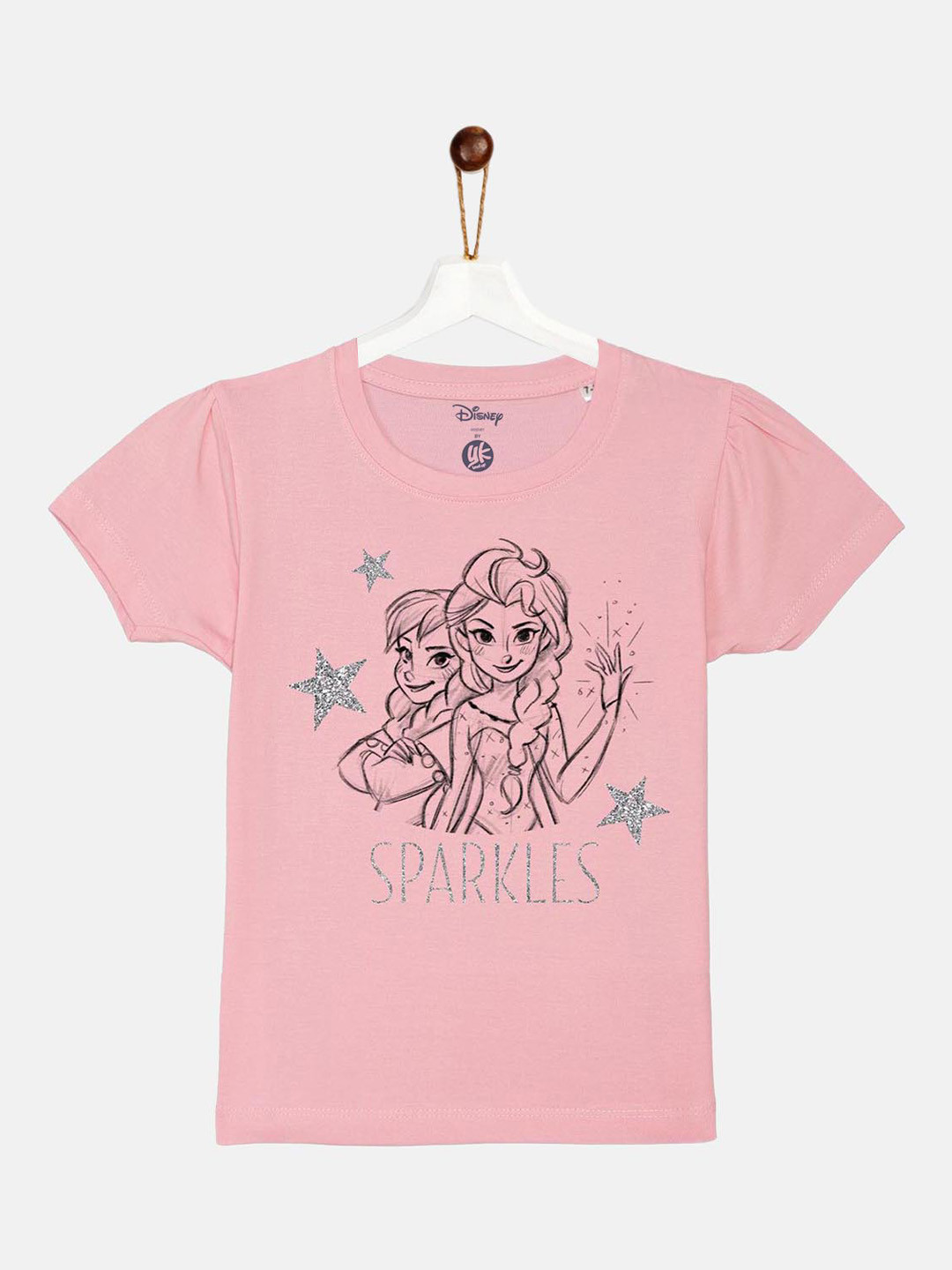 YK Disney Girls Pink Elsa & Anna Glitter Printed Puff Sleeve Cotton T-shirt