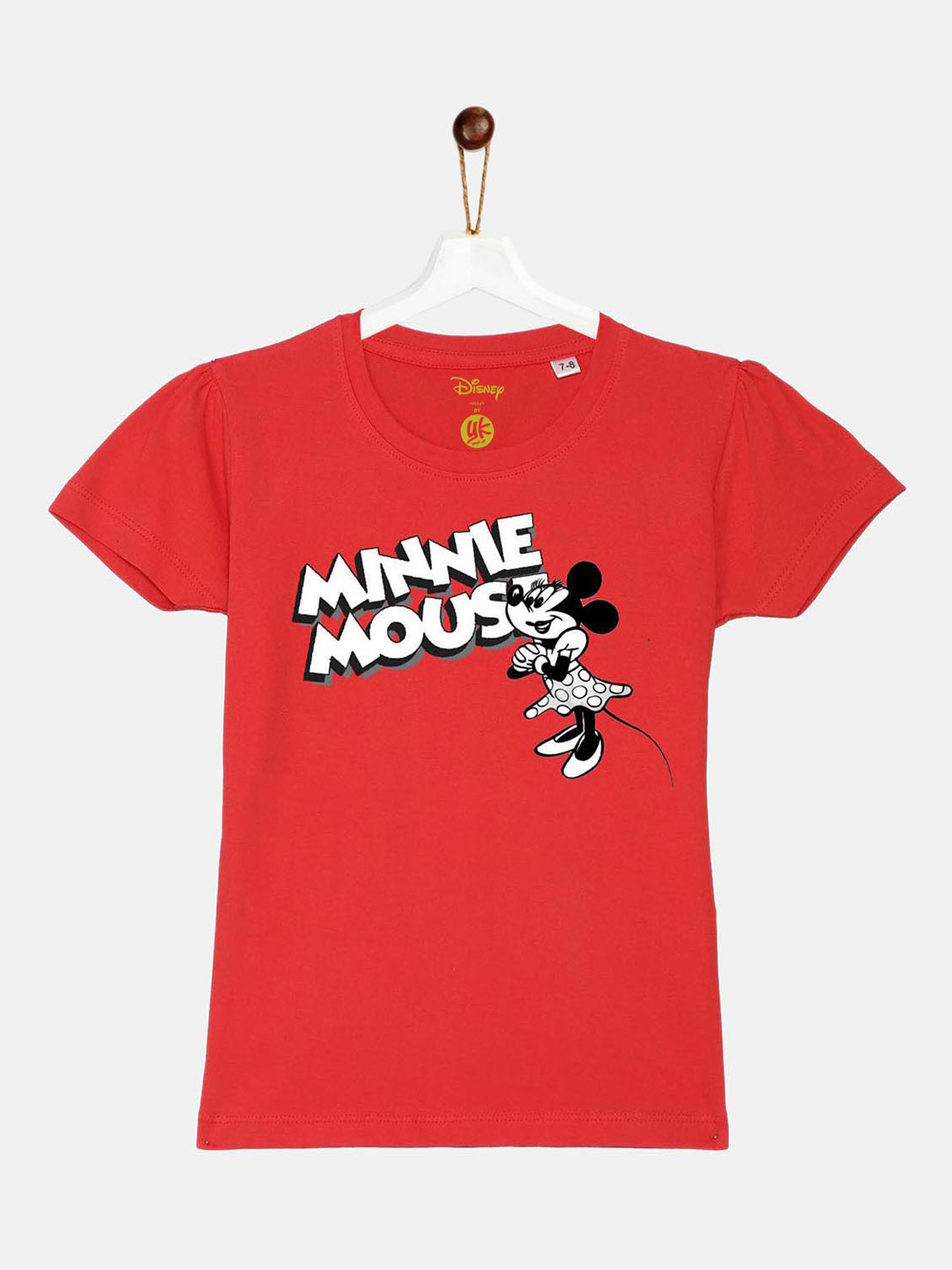 YK Disney Girls Red Minnie Mouse Typography Printed Puff Sleeves T-shirt
