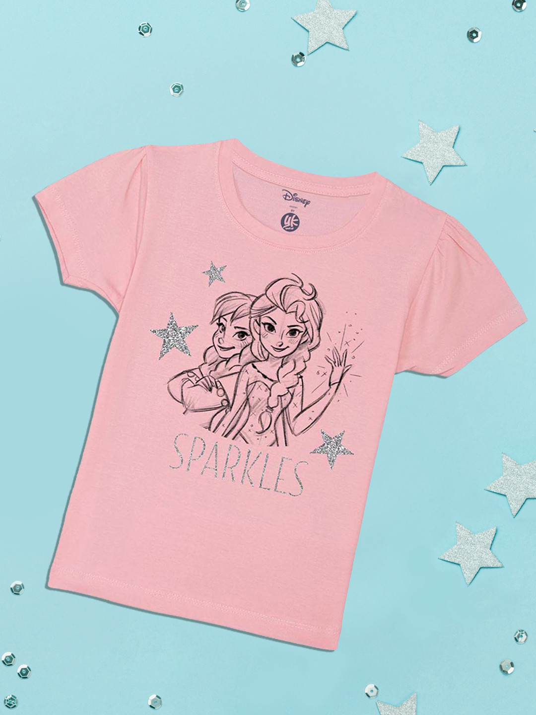 YK Disney Girls Pink Elsa & Anna Printed Puff Sleeves Cotton T-shirt