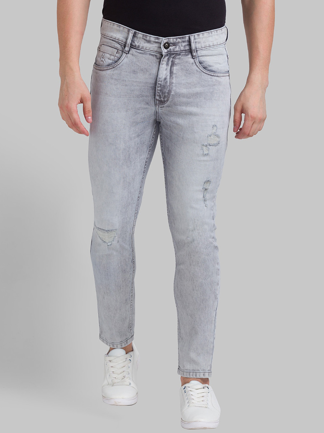 Parx Men Grey Skinny Fit Mildly Distressed Heavy Fade Ripped Cropped Jeans