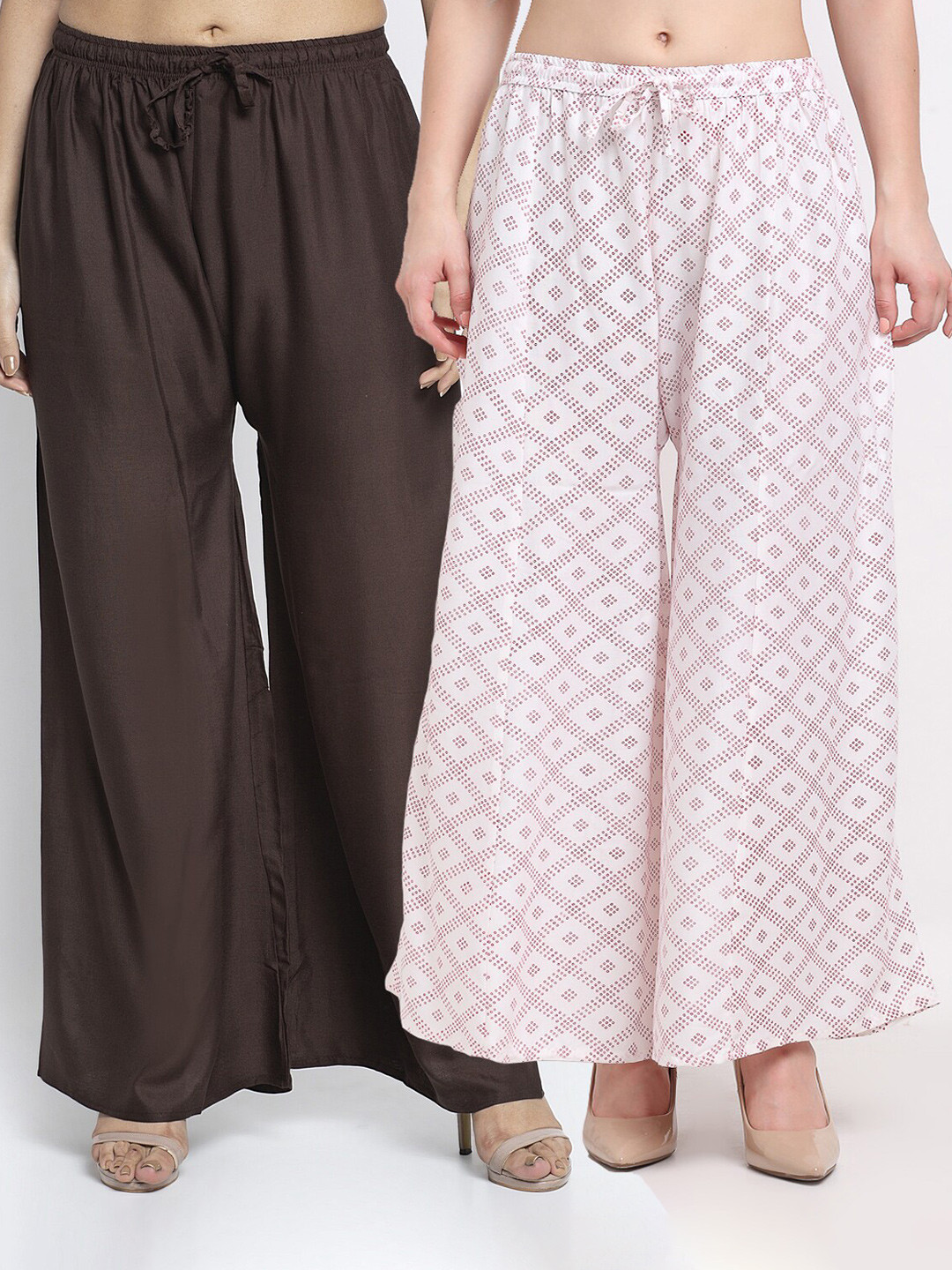 Jinfo Women Set  Brown & White Ethnic Motifs Printed Flared Palazzos