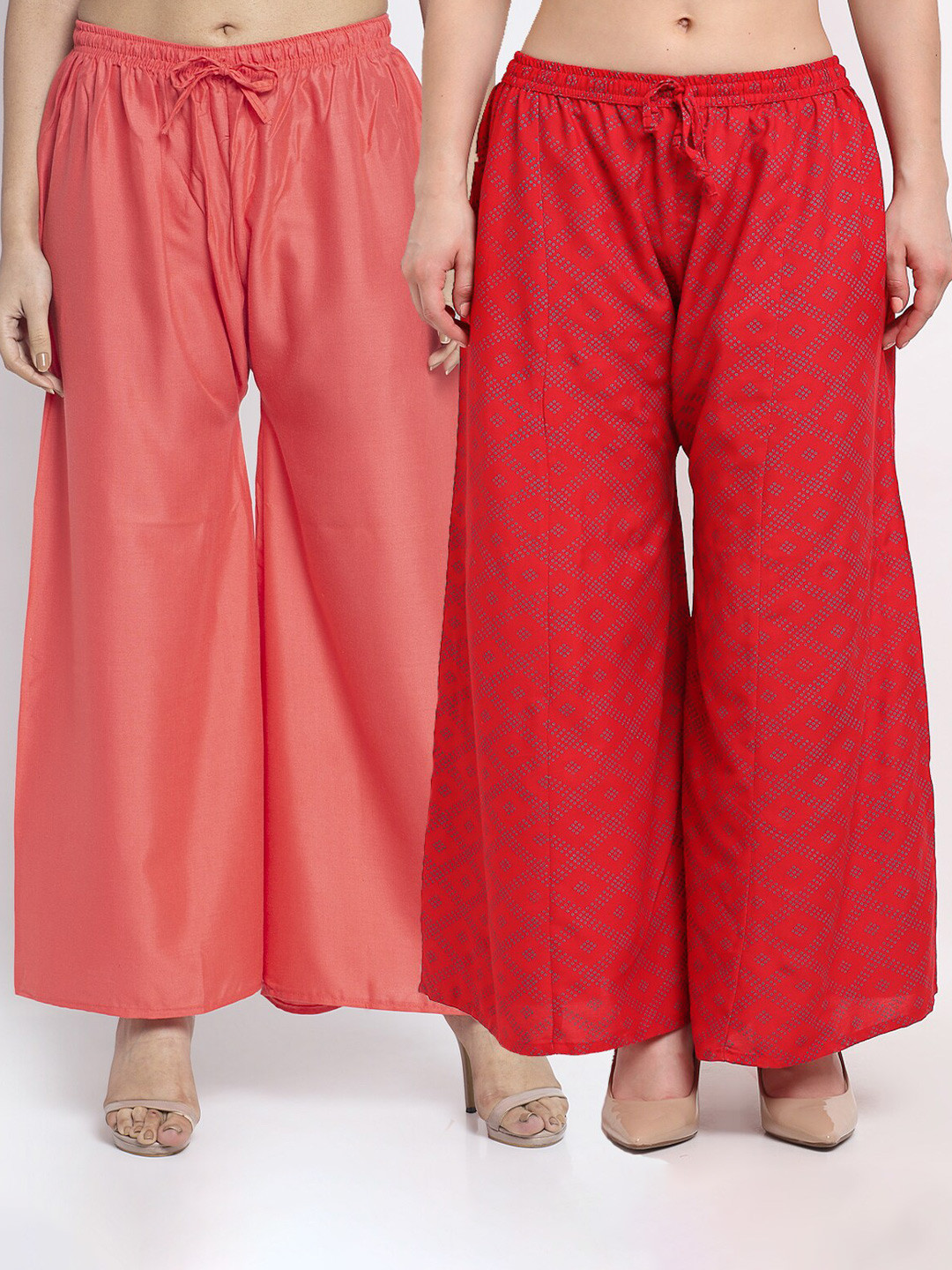 Jinfo Women Peach-Coloured & Red Set of 2 Printed Flared Knitted Ethnic Palazzos