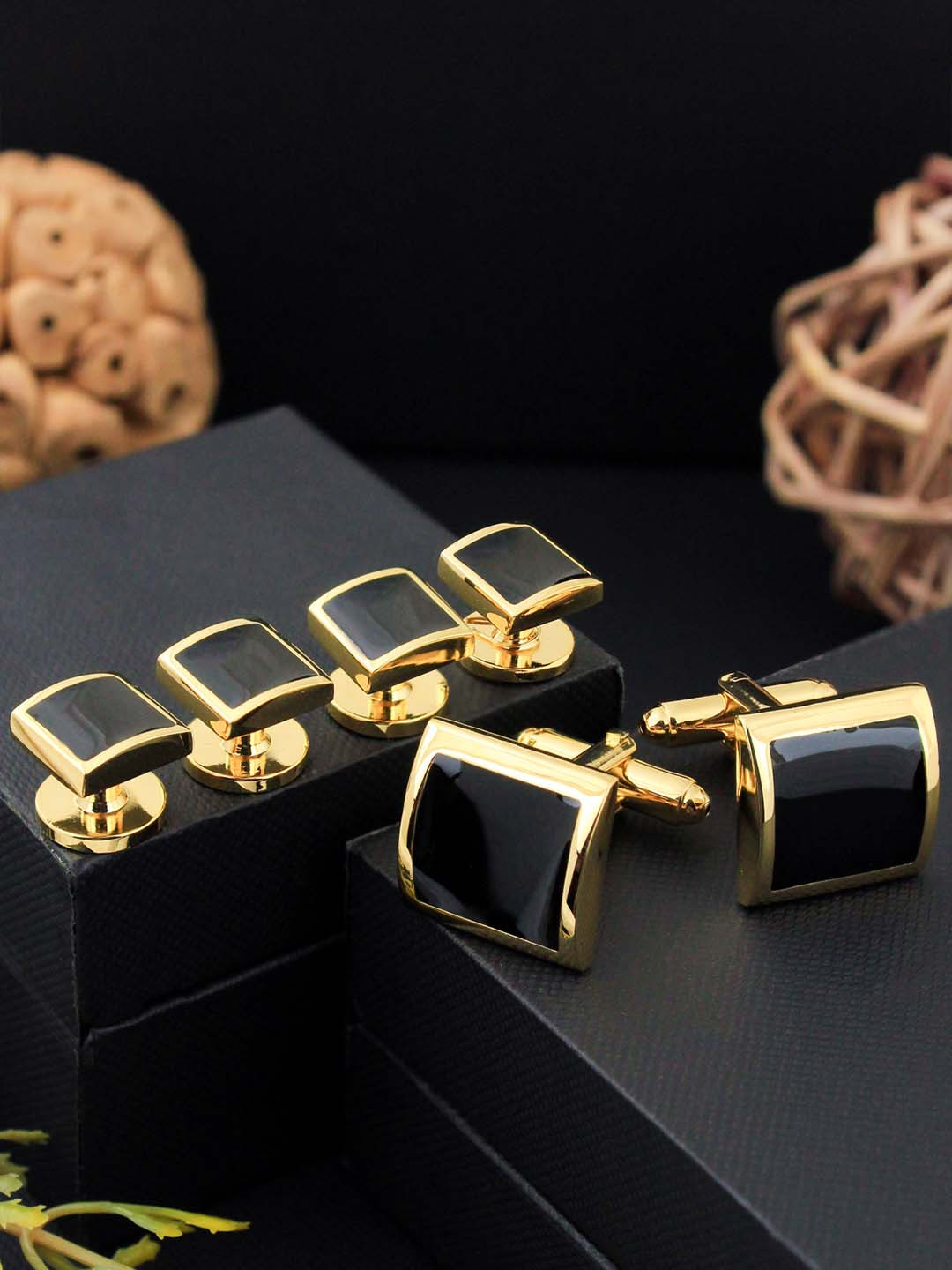 PELUCHE Black & Gold-Toned Crystal Studded Cufflink and Shirt Stud Gift Set