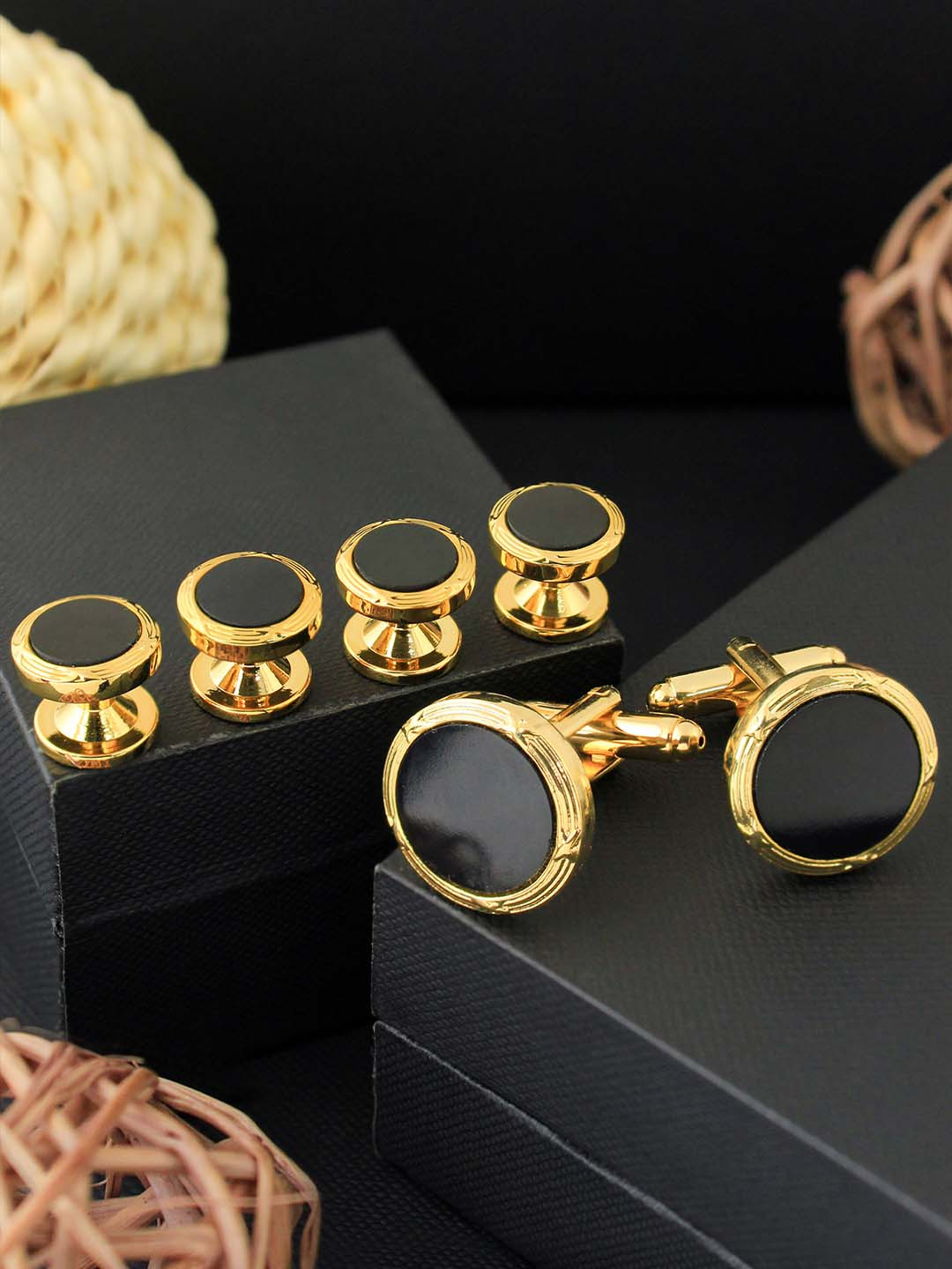 PELUCHE Gold-Toned & Black Crystal Studded Cufflink and Shirt Studs Gift Set