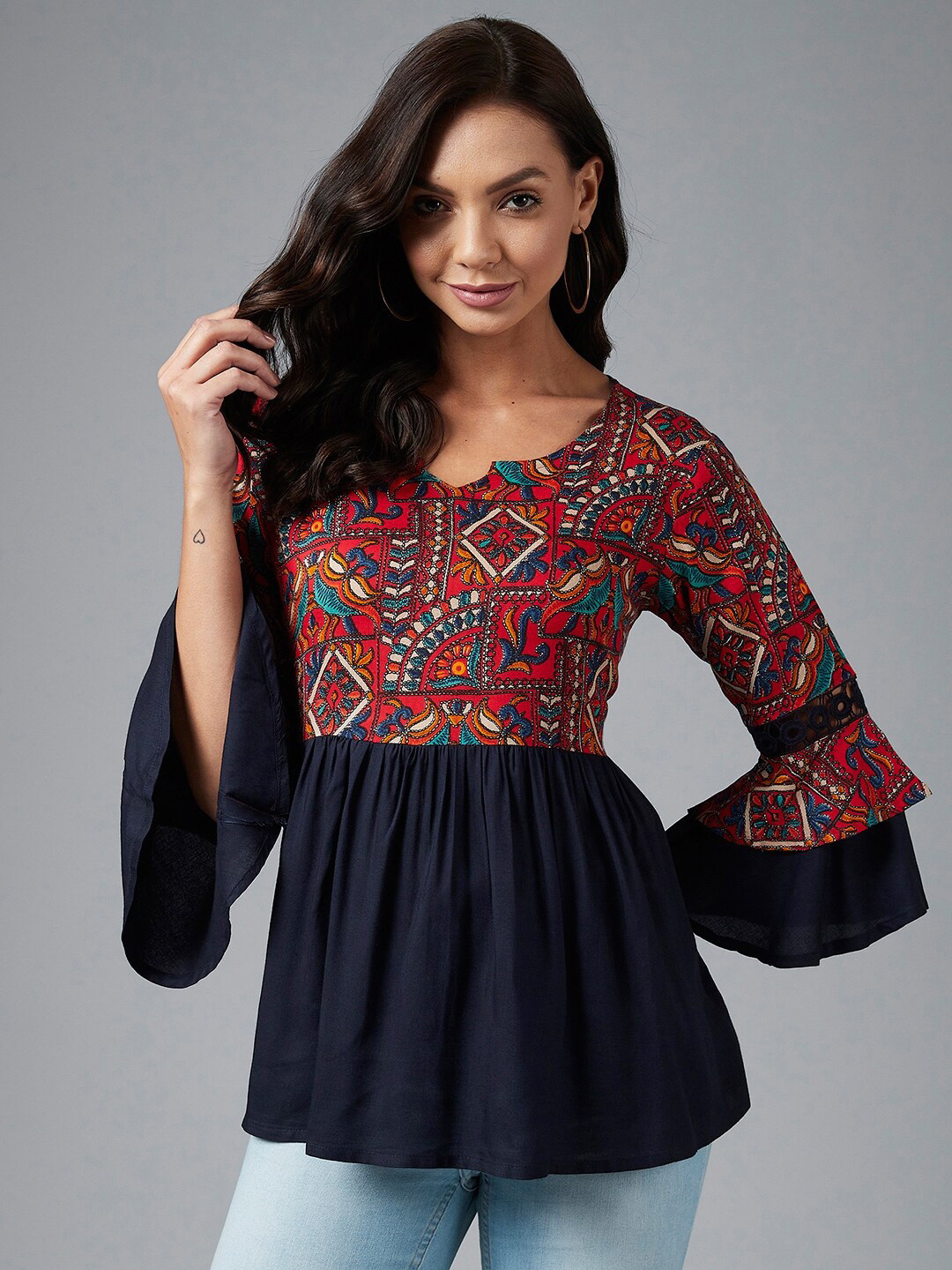 Azira Red & Navy Blue Ethnic Printed Gathered A-line Top