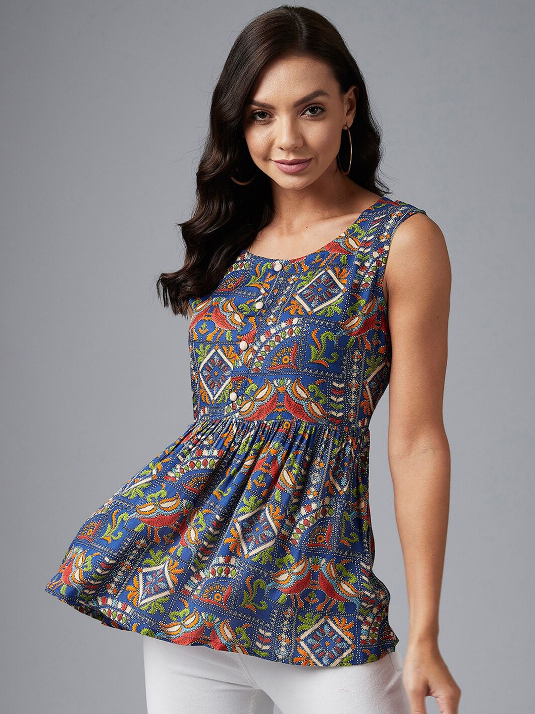 Azira Blue Ethnic Print Empire Ethnic Top