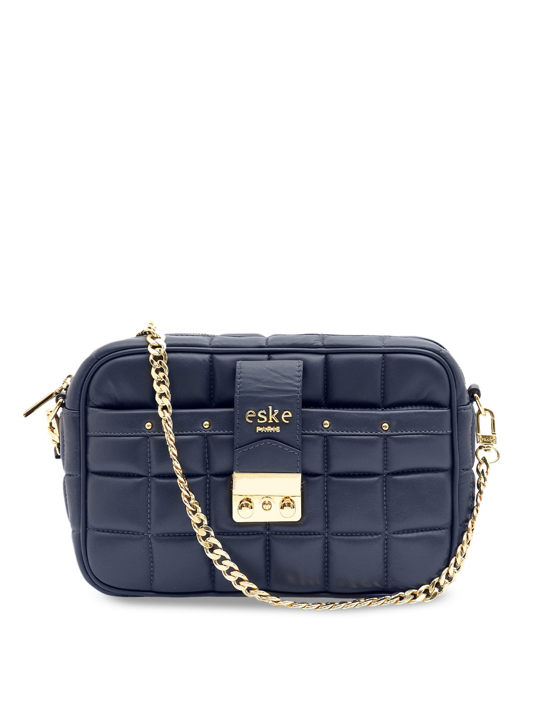 Eske Navy Blue Quilted Leather Structured Shoulder Bag
