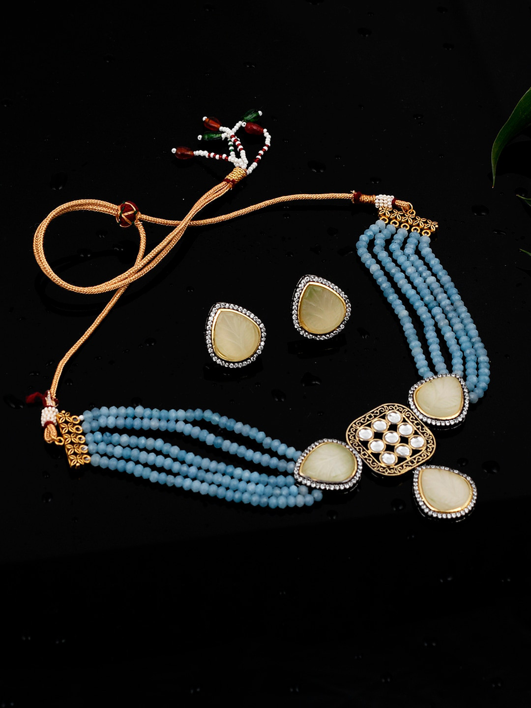 Silvermerc Designs Gold-Plated & Blue Beaded Choker Jewellery Set